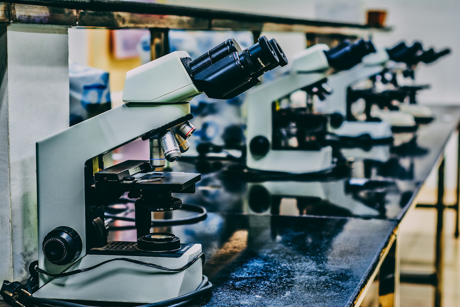 Microscopes in a research laboratory
